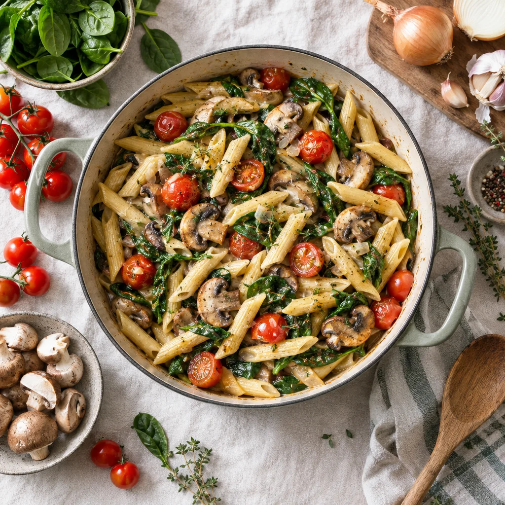 One-pot Pilz-Spinat-Pasta mit Kirschtomaten