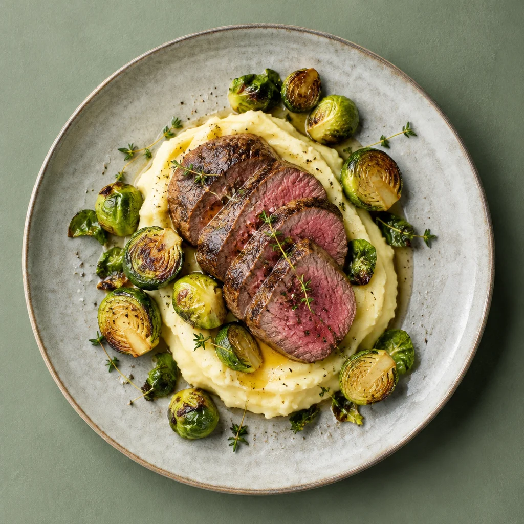 Rindfleisch-Bowl mit Rosenkohl und Kartoffelstampf
