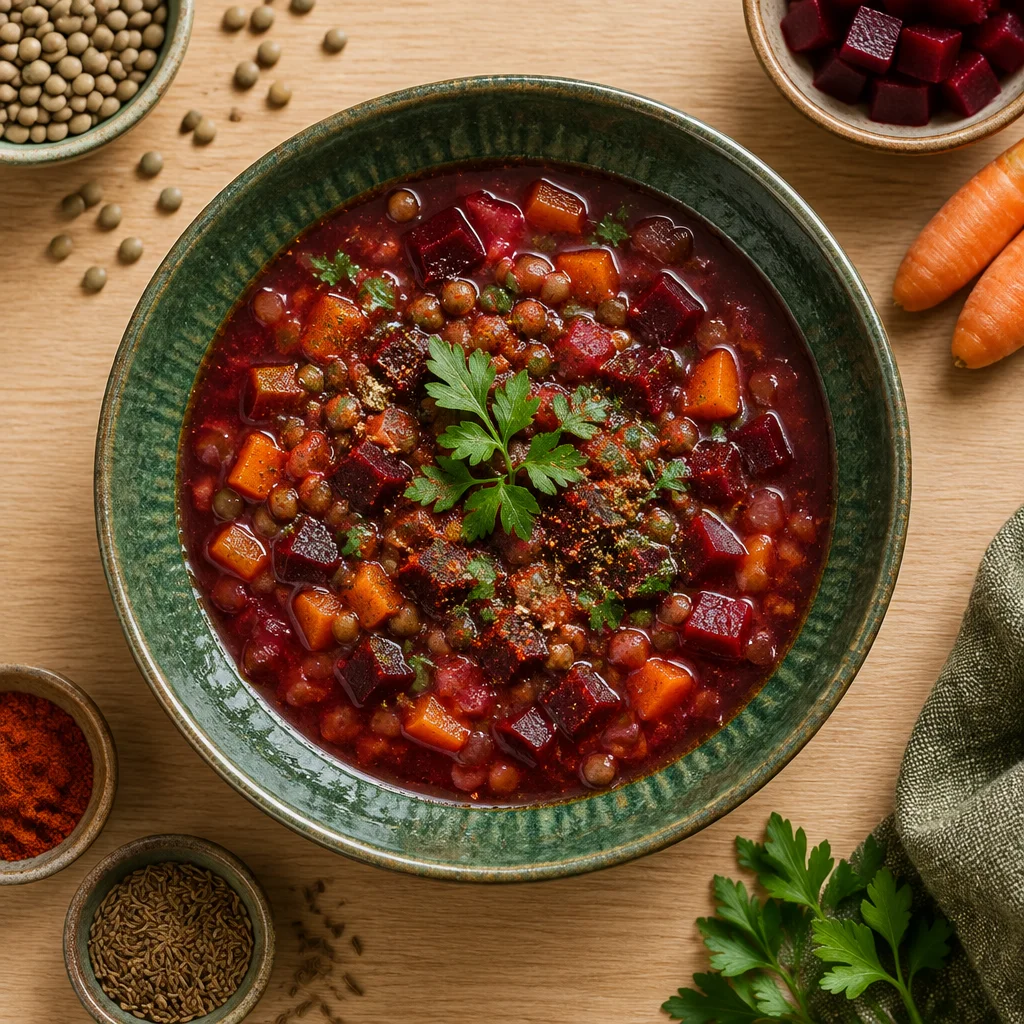 Rote-Bete-Linsensuppe mit Karotten und Kreuzkümmel