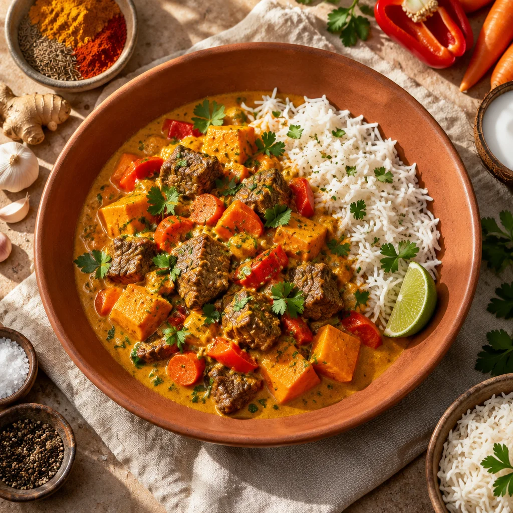Rindfleisch-Curry mit Süßkartoffel und Kokosmilch