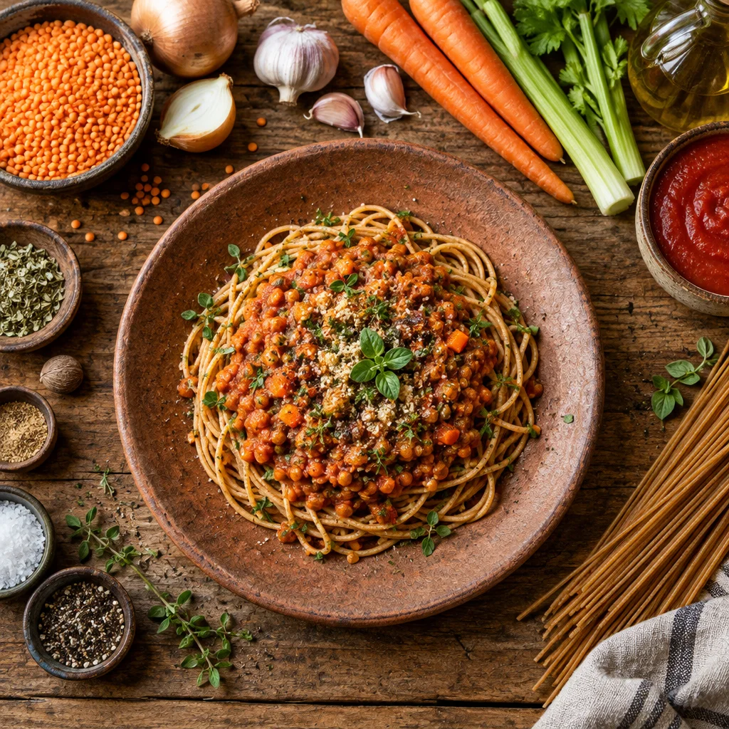 Vollkorn-Spaghetti mit Linsen-Bolognese