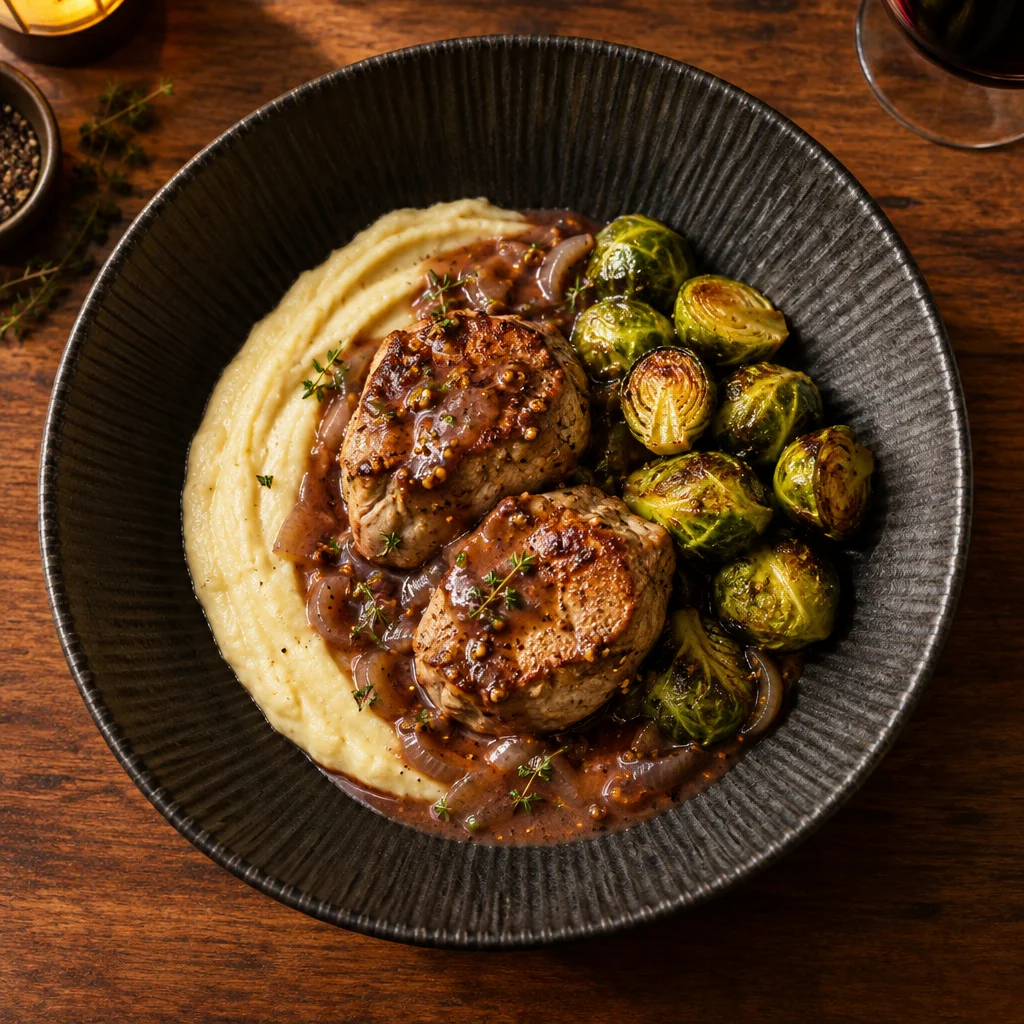 Geschmorte Schweinemedaillons in Rotwein-Senf-Sauce mit Pastinakenpüree und Rosenkohl