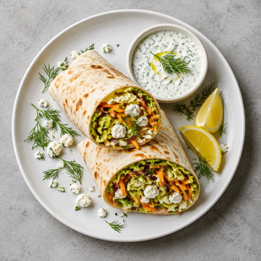 Schneller Wirsing-Karotten-Wrap mit Feta und Joghurt-Dill-Sauce