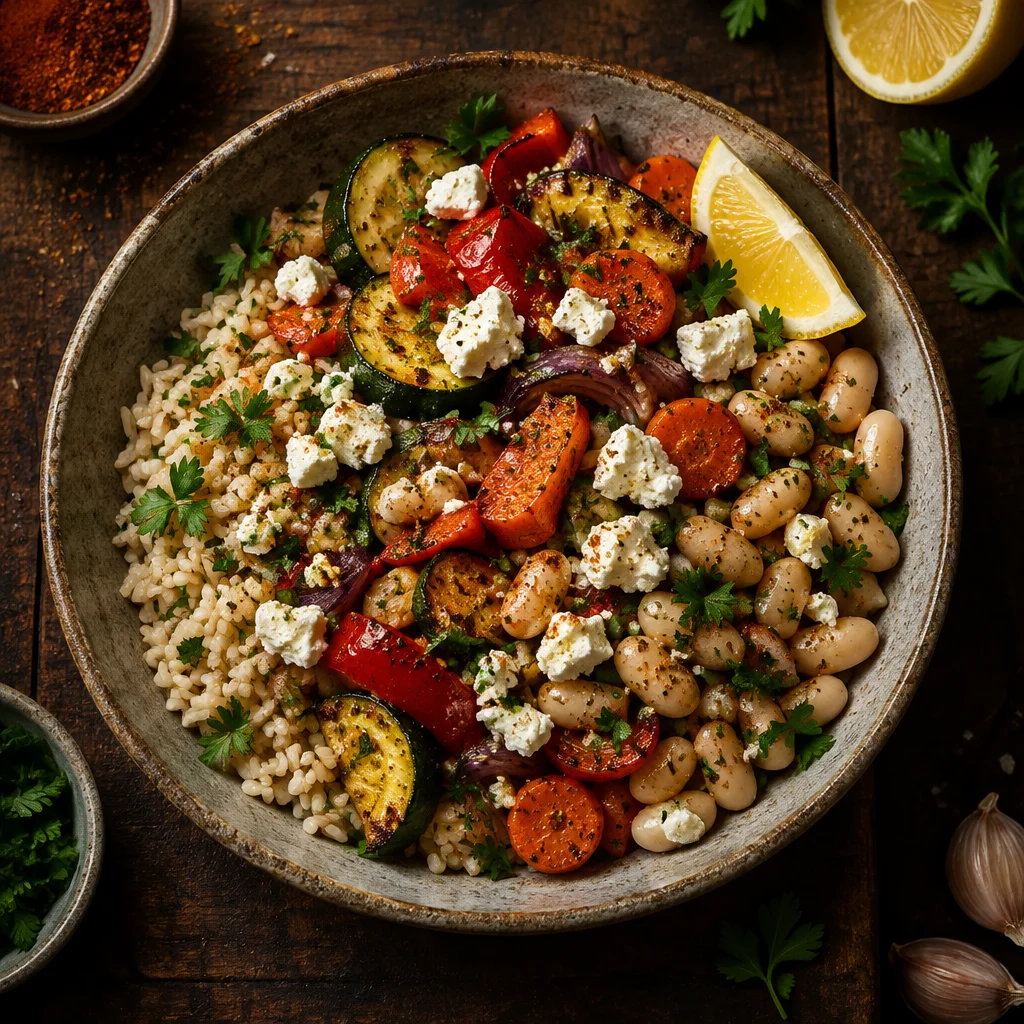 Vollkorn-Reis-Bowl mit Ofengemüse, weißen Bohnen und Feta