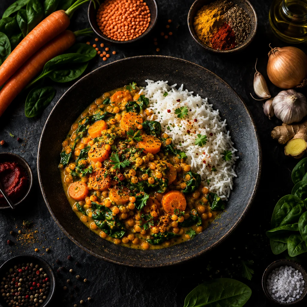 Möhren-Linsen-Curry mit Spinat und Reis