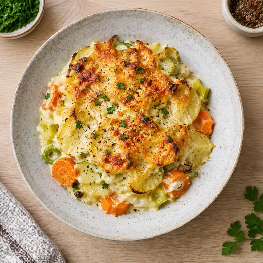 Kartoffel-Lauch-Gratin mit Karotten und Käsekruste