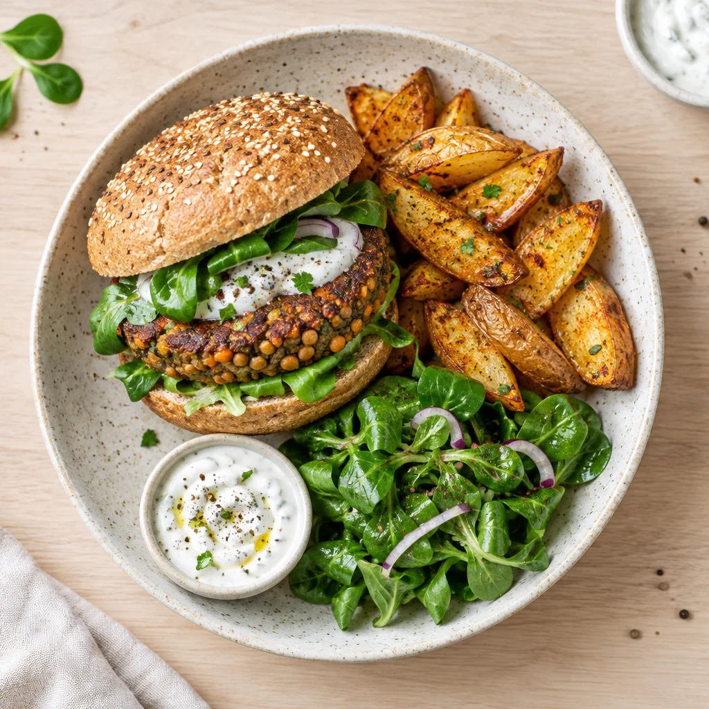 Vegetarischer Linsen-Burger mit Ofenkartoffeln und Feldsalat