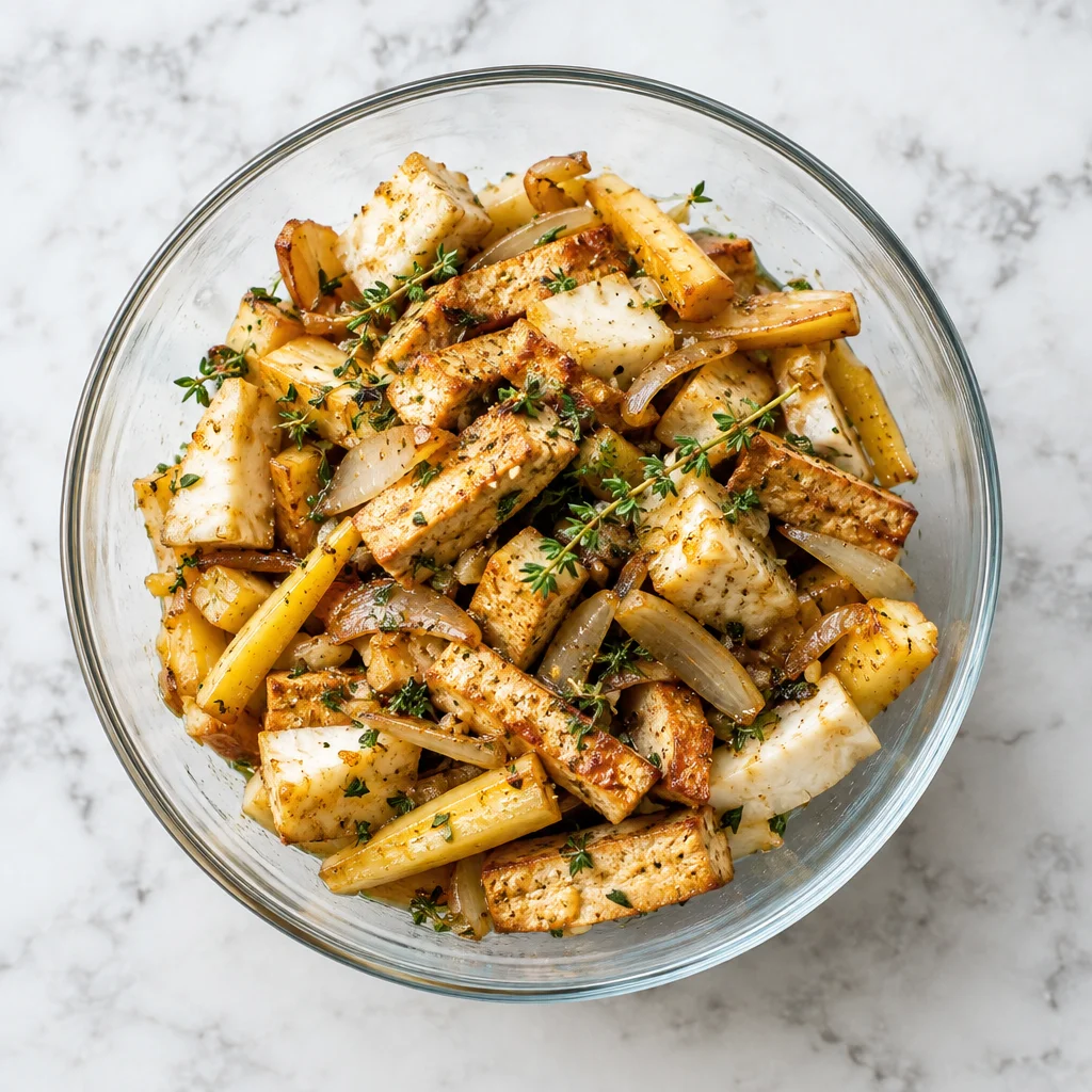 Tofu-Geschnetzeltes mit Knollensellerie und Petersilienwurzel