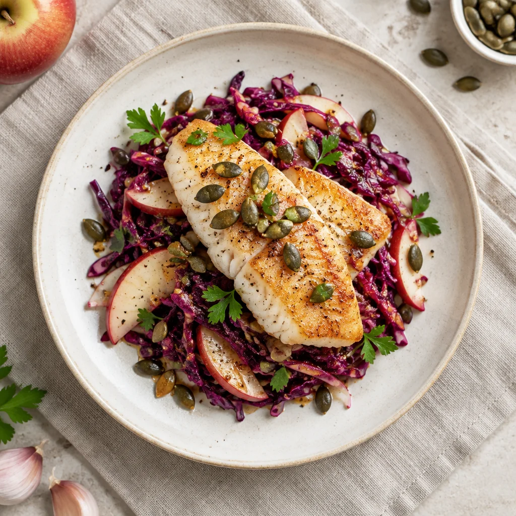 Gebratener Seelachs auf Rotkohl-Apfel-Salat mit Kürbiskernen