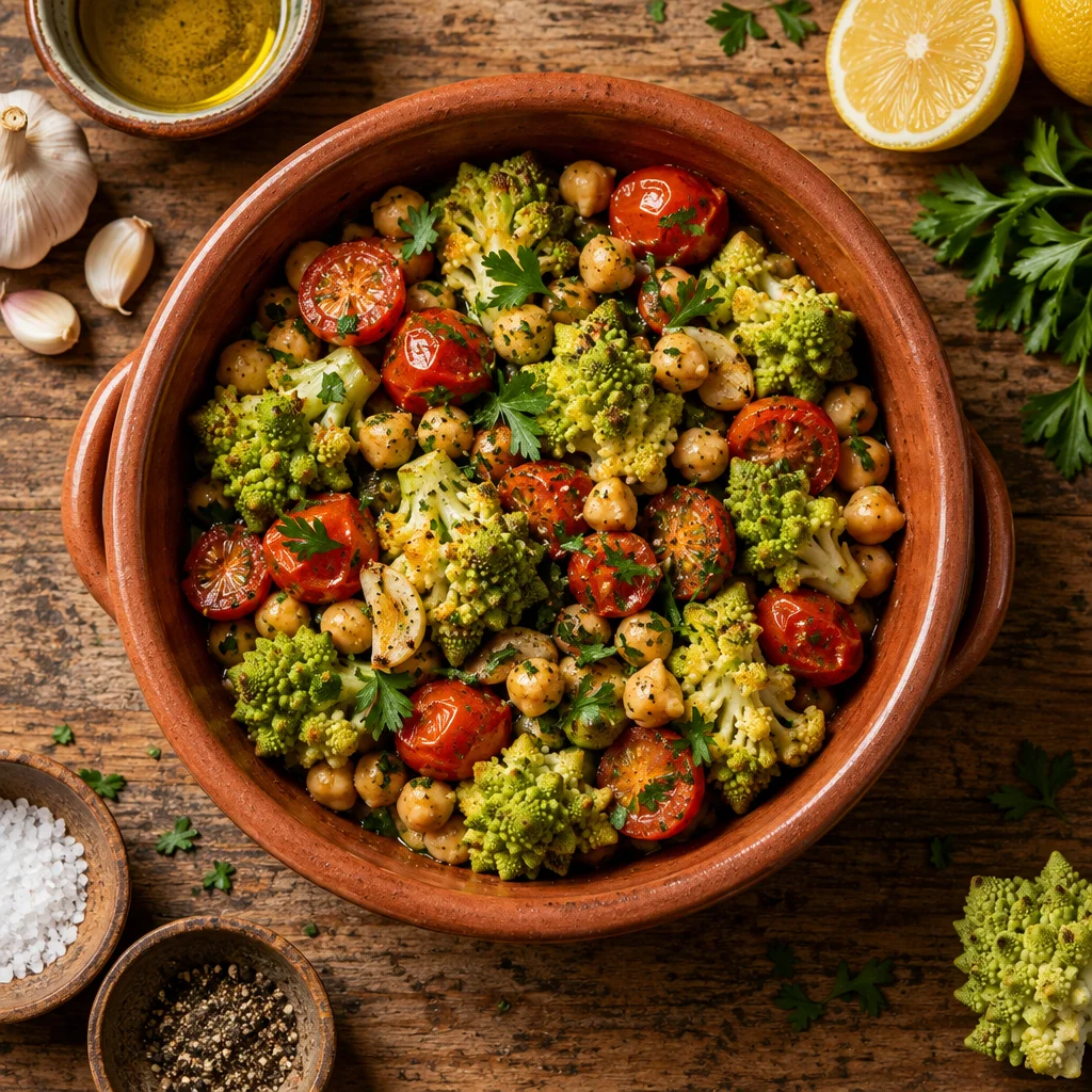 Romanesco-Pfanne mit Kichererbsen und Kirschtomaten