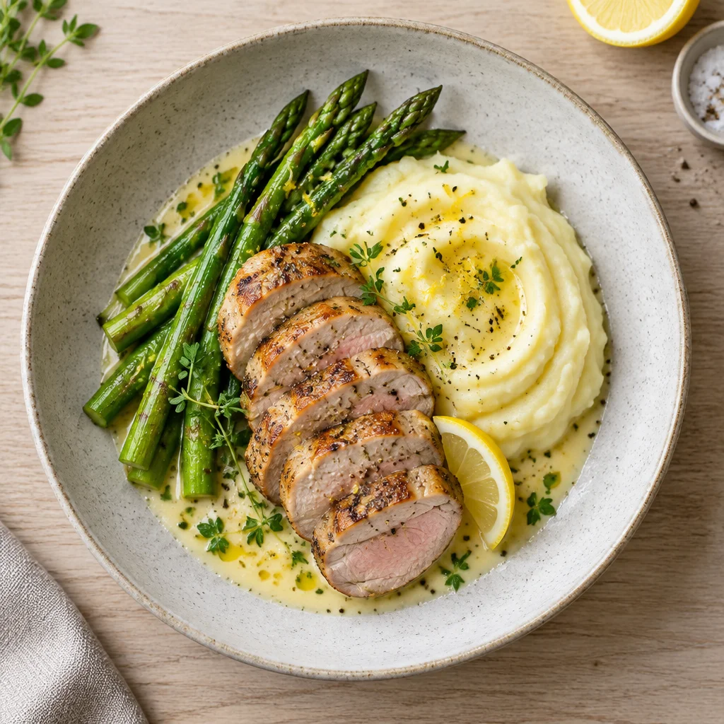 Schweinefilet mit Spargel und Kartoffelpüree