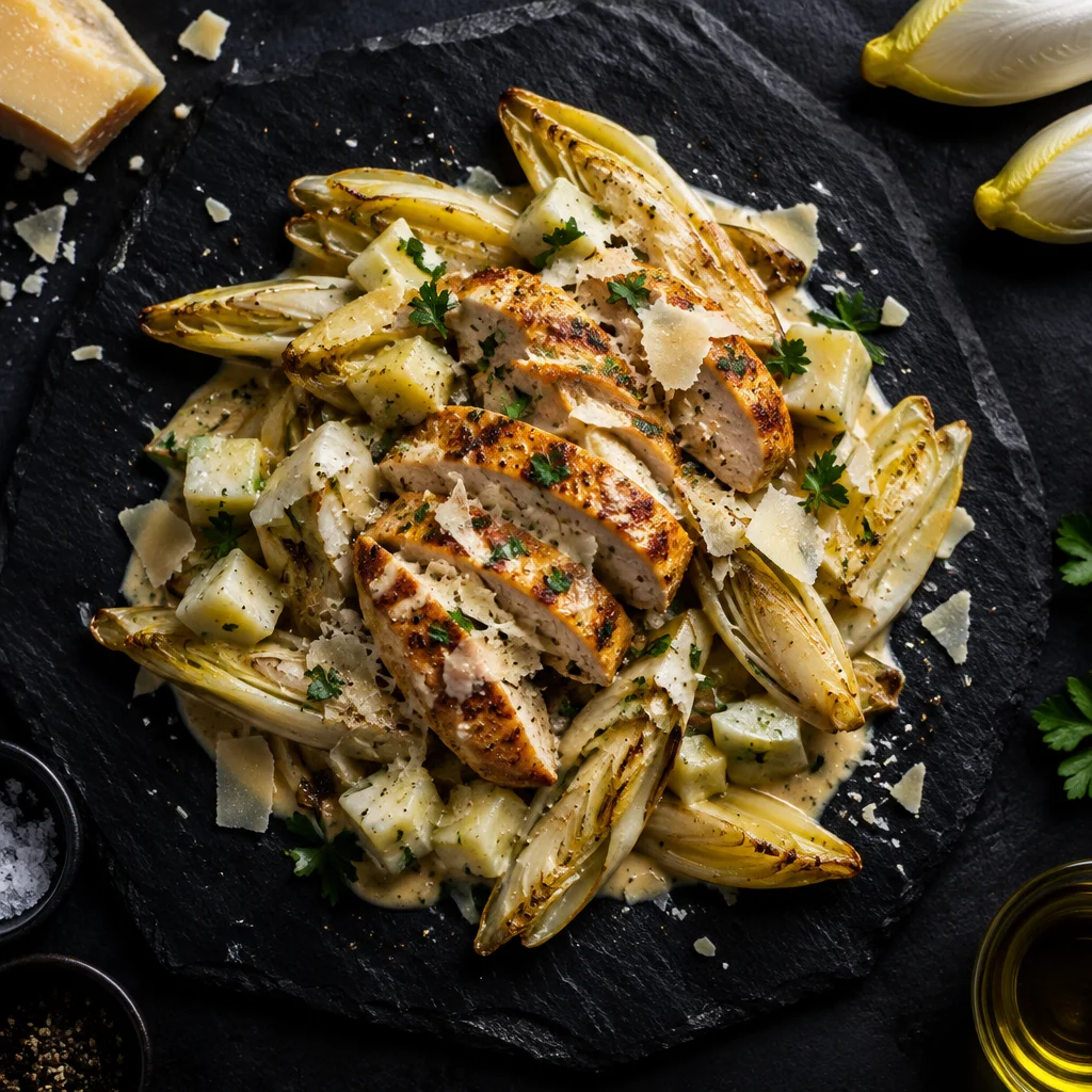 Chicorée-Pfanne mit Hähnchenbrust und Parmesan