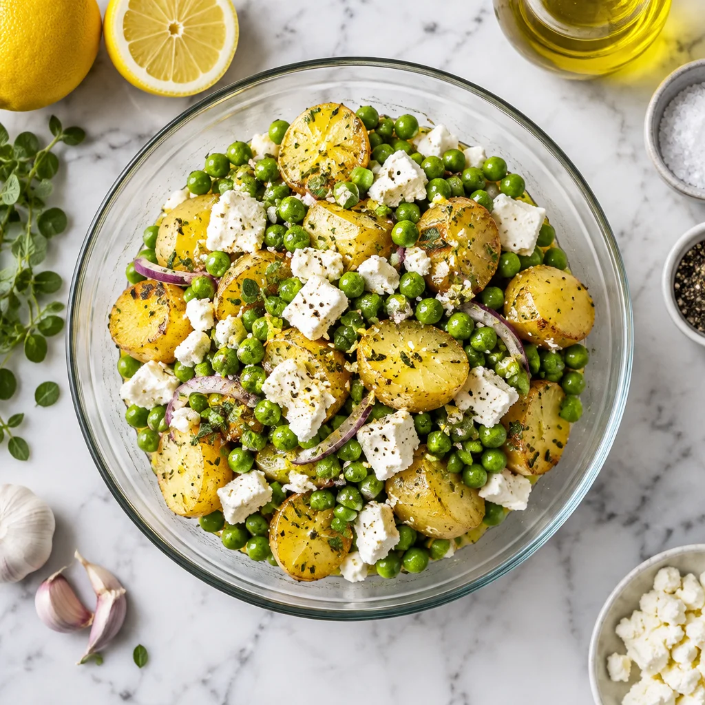 Erbsen-Kartoffel-Pfanne mit Zitrone und Feta