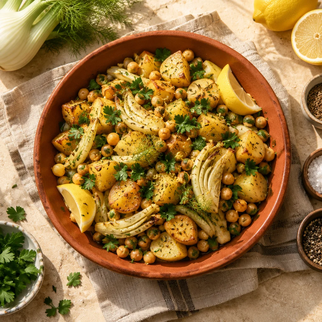 Vegane Fenchel-Kartoffel-Pfanne mit Kichererbsen und Zitrone