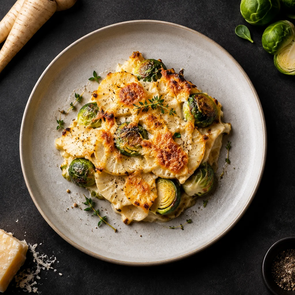 Pastinaken-Gratin mit Rosenkohl und Bergkäse