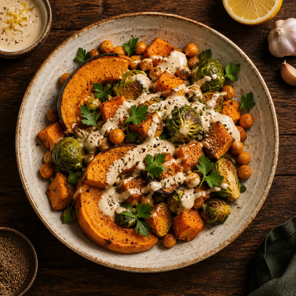 Ofenkürbis mit Süßkartoffel, Rosenkohl und Zitronen-Tahini-Sauce