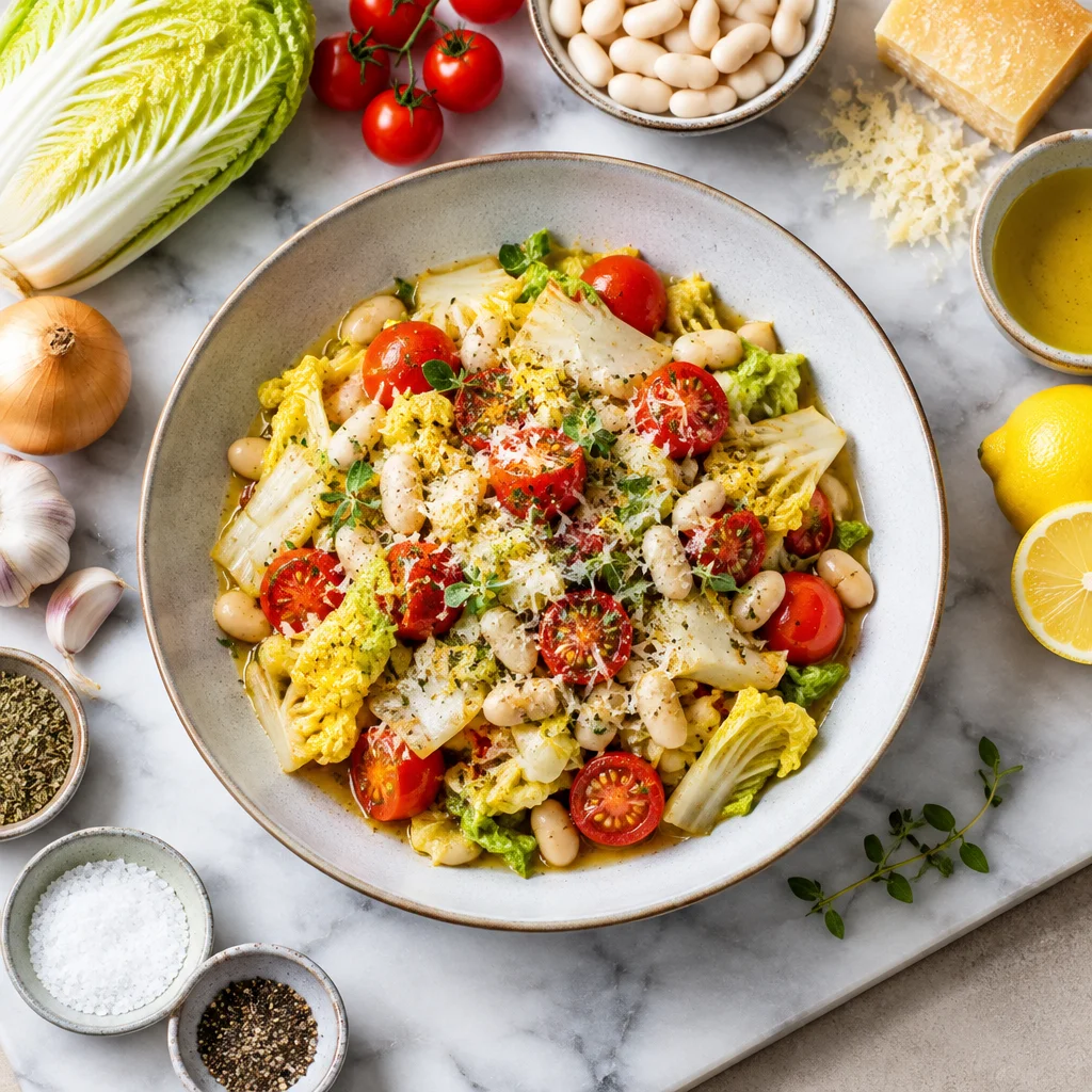 Chinakohl-Pfanne mit weißen Bohnen und Kirschtomaten