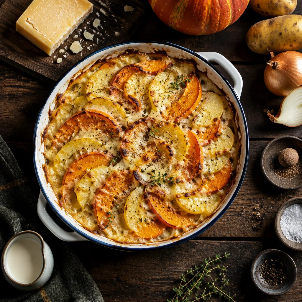 Kürbis-Kartoffel-Gratin mit Bergkäse und Muskatnuss