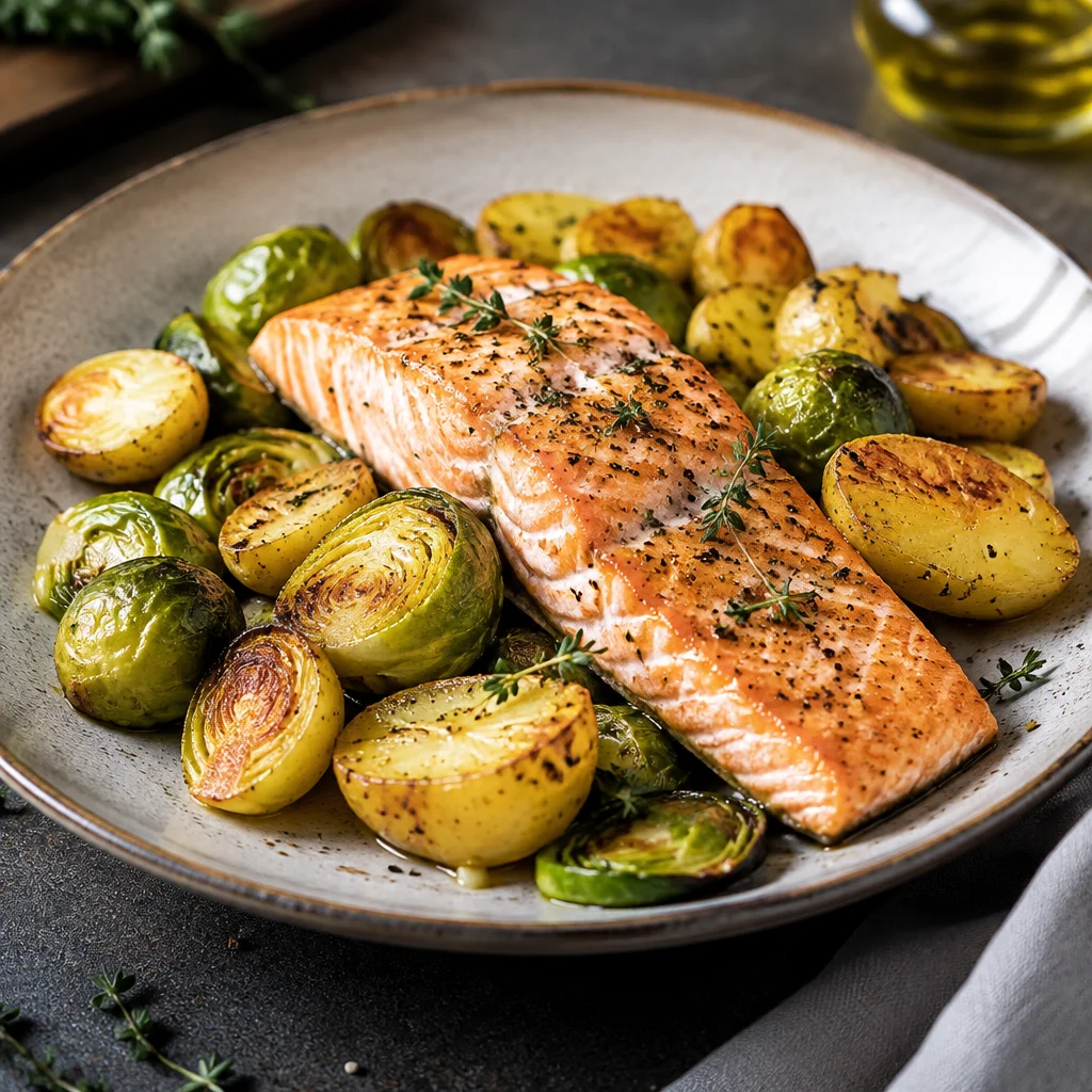 Ofenlachs mit Rosenkohl und Kartoffeln