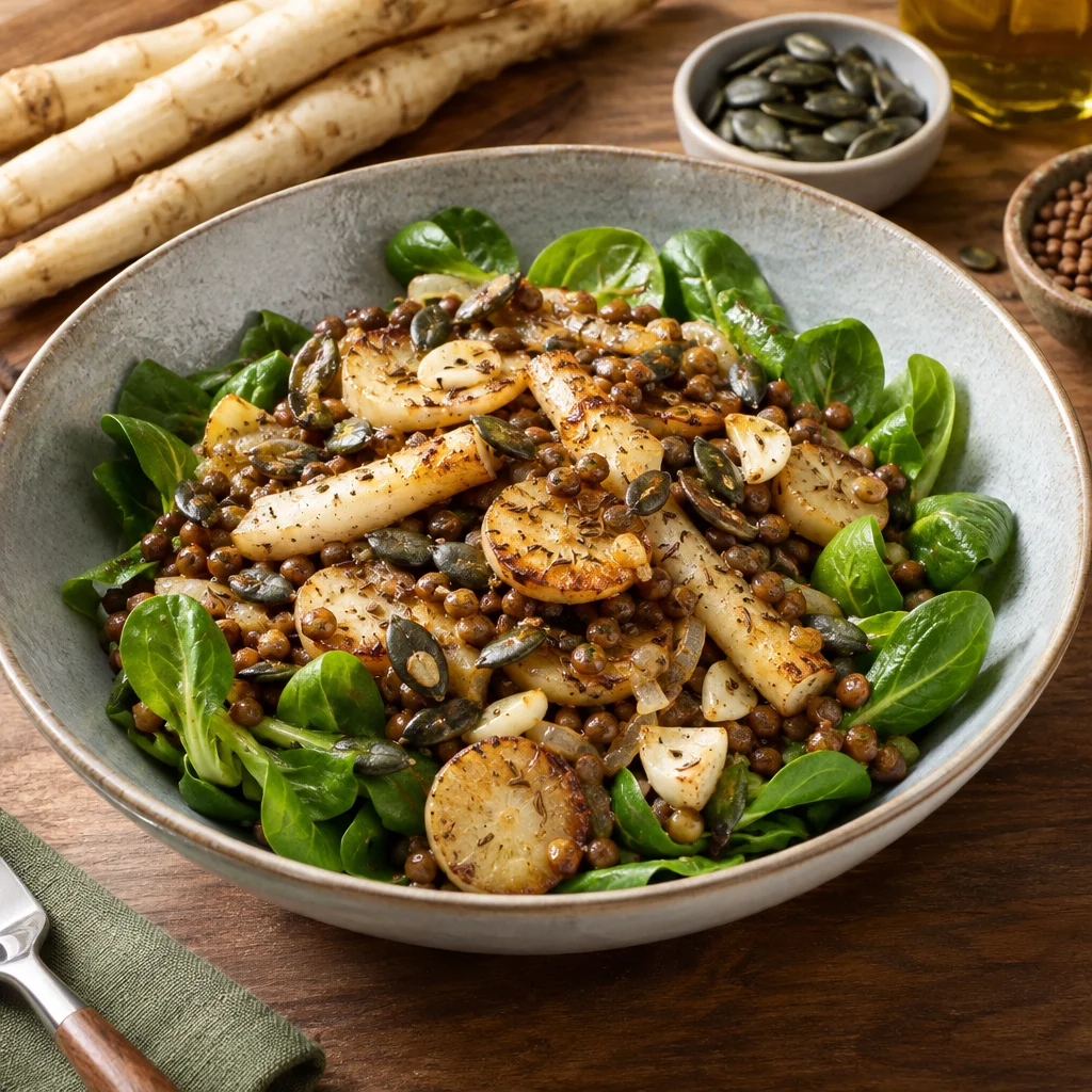 Schwarzwurzel-Linsen-Pfanne mit Feldsalat und Kürbiskernen