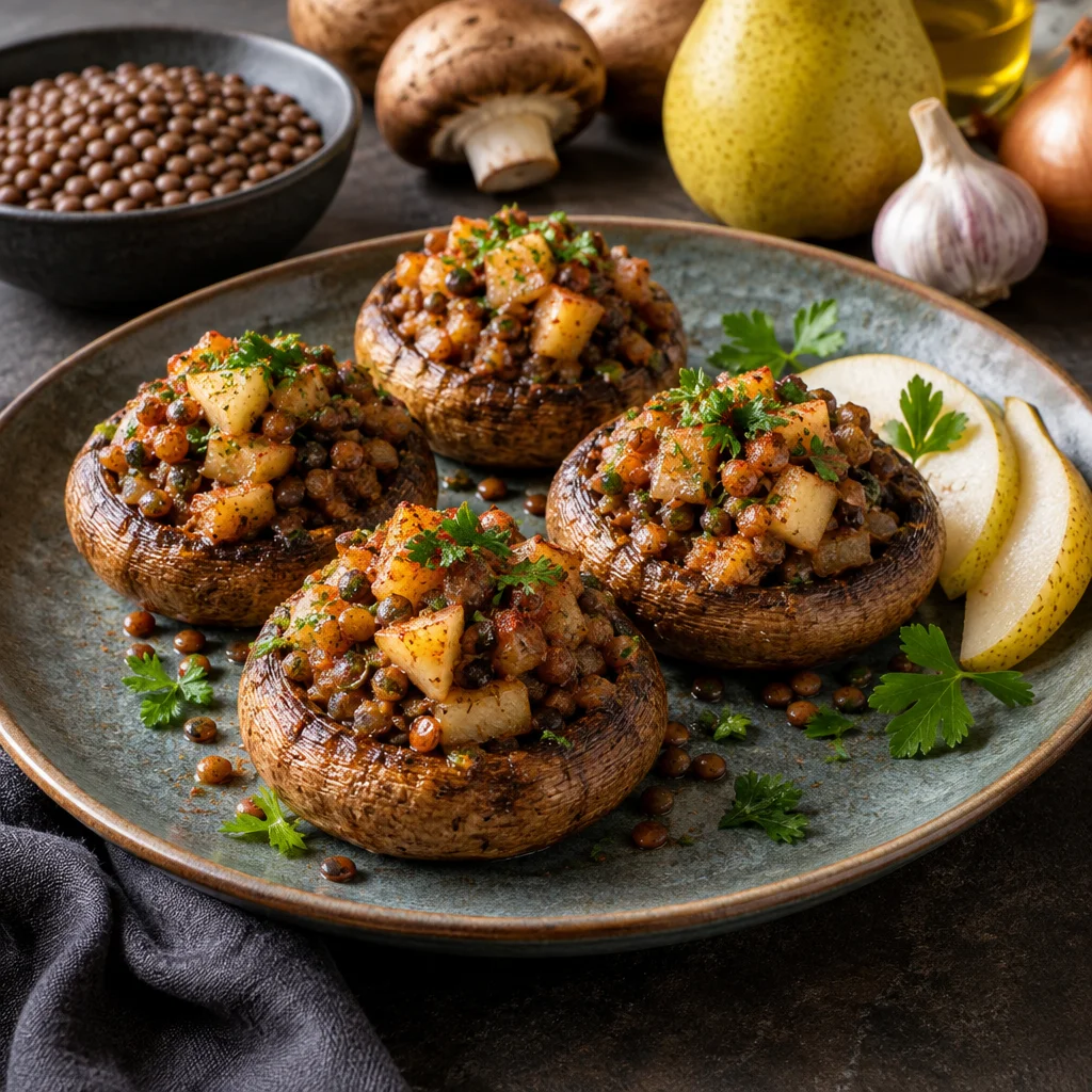 Gefüllte Champignons mit Linsen und Birne