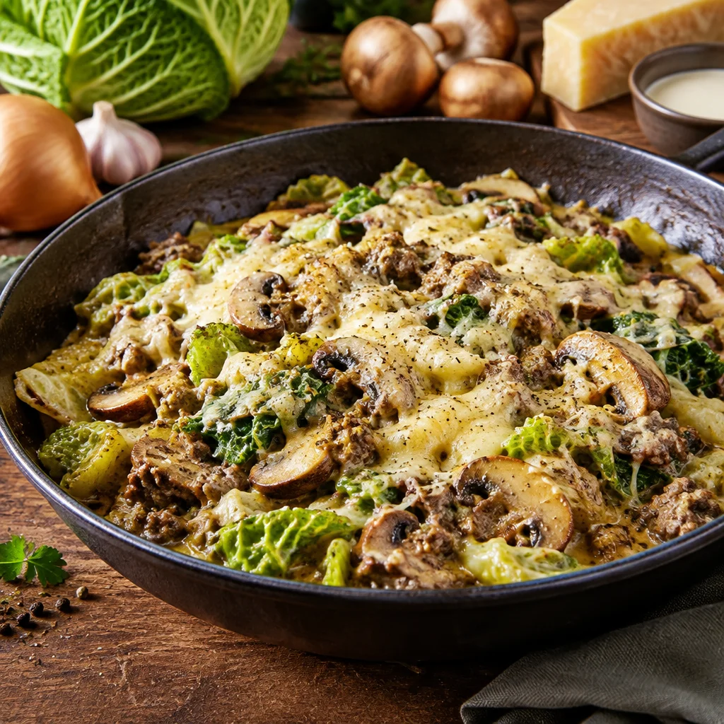 Wirsing-Pilz-Pfanne mit Rinderhack und Bergkäse