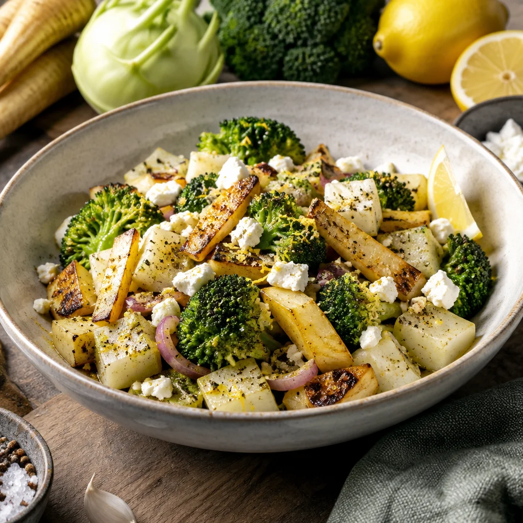 Kohlrabi-Brokkoli-Pfanne mit Pastinaken und Feta
