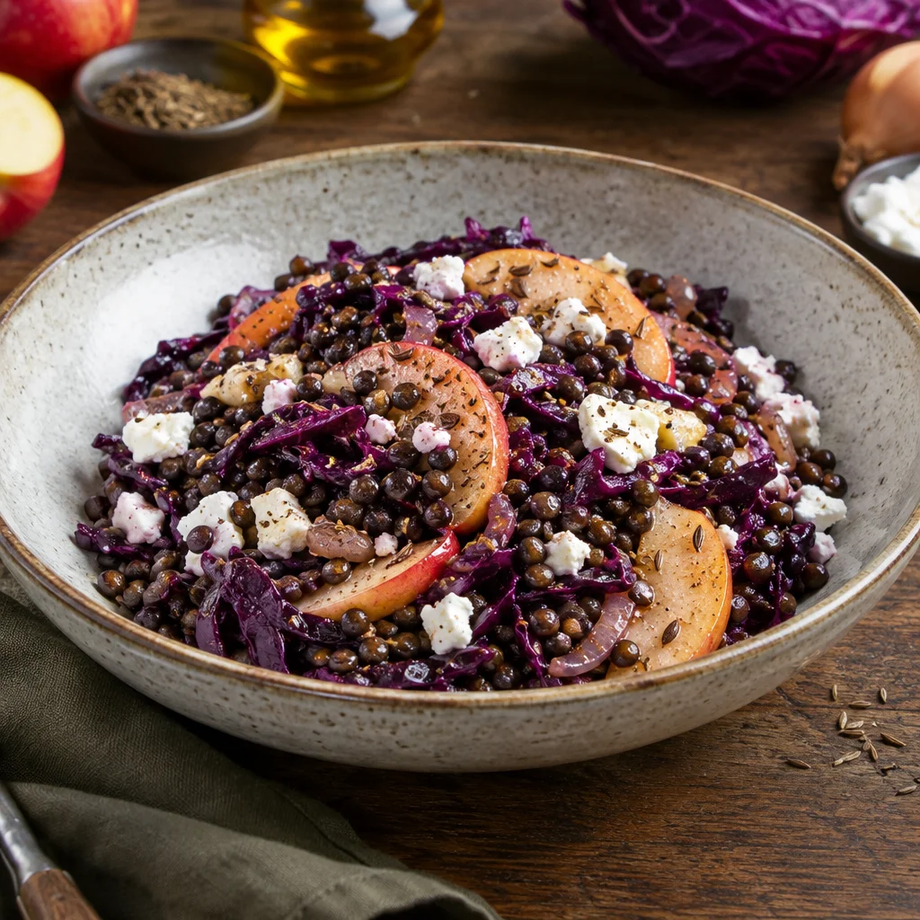 Linsen-Rotkohl-Pfanne mit Apfel und Feta