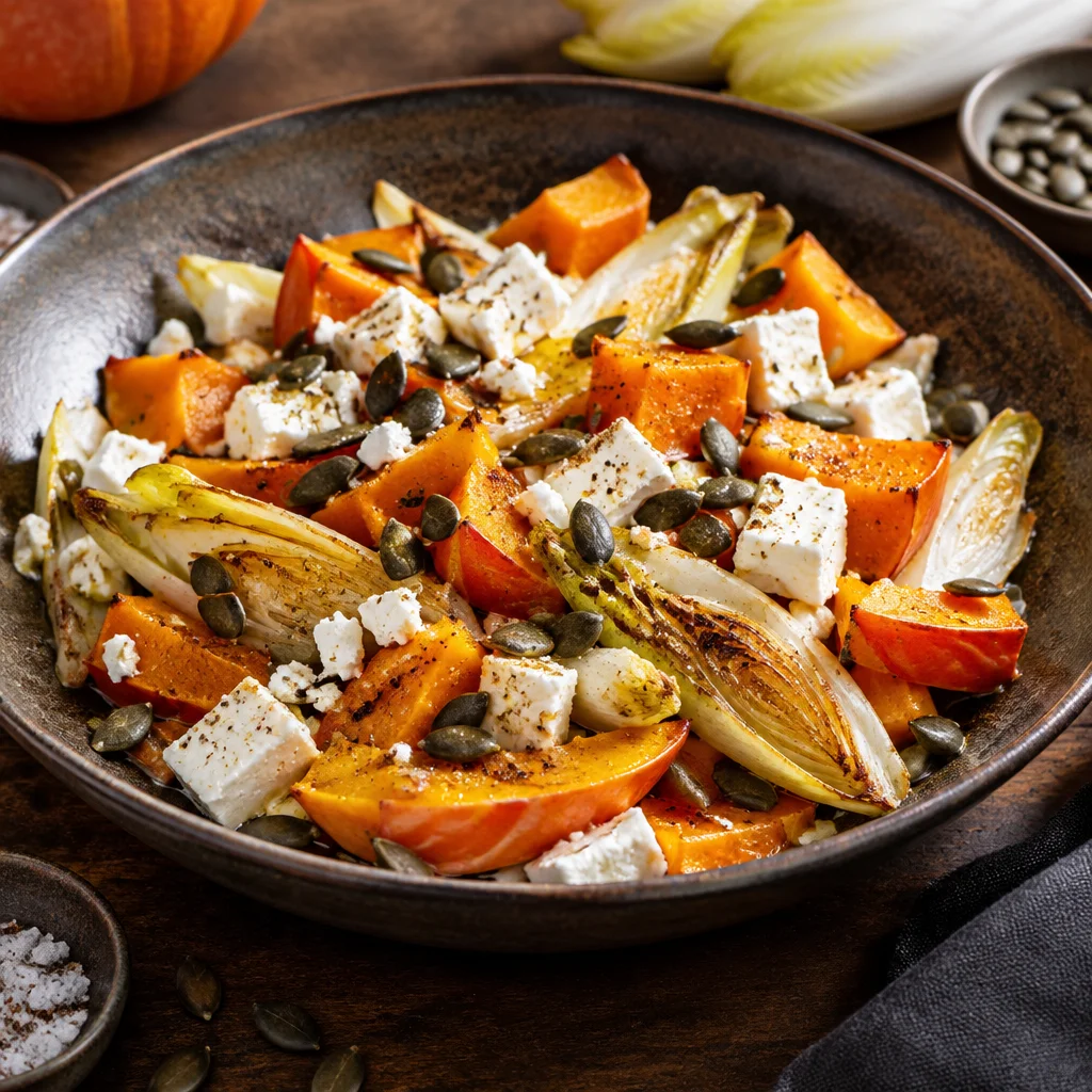 Kürbis-Feta-Pfanne mit Chicorée und Kürbiskernen
