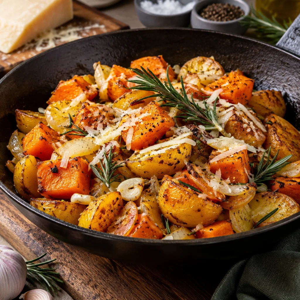 Schnelle Kürbis-Kartoffel-Pfanne mit Bergkäse und Rosmarin
