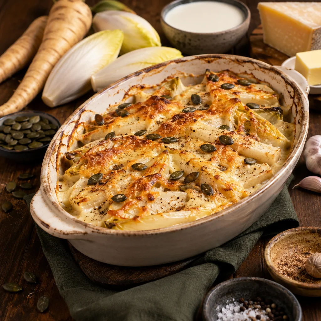 Chicorée-Pastinaken-Gratin mit Bergkäse und Kürbiskernen