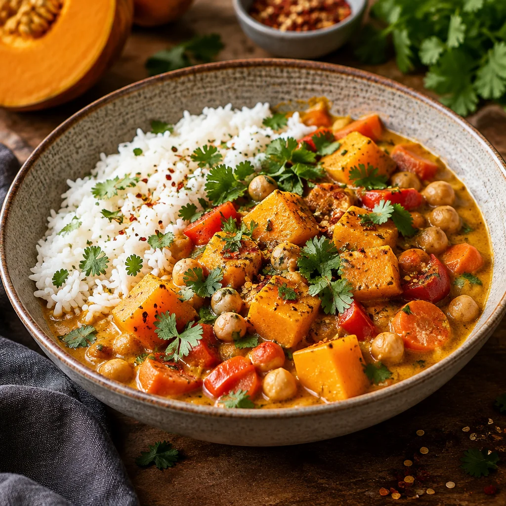 Kürbis-Kichererbsen-Curry mit Kokosmilch und Reis