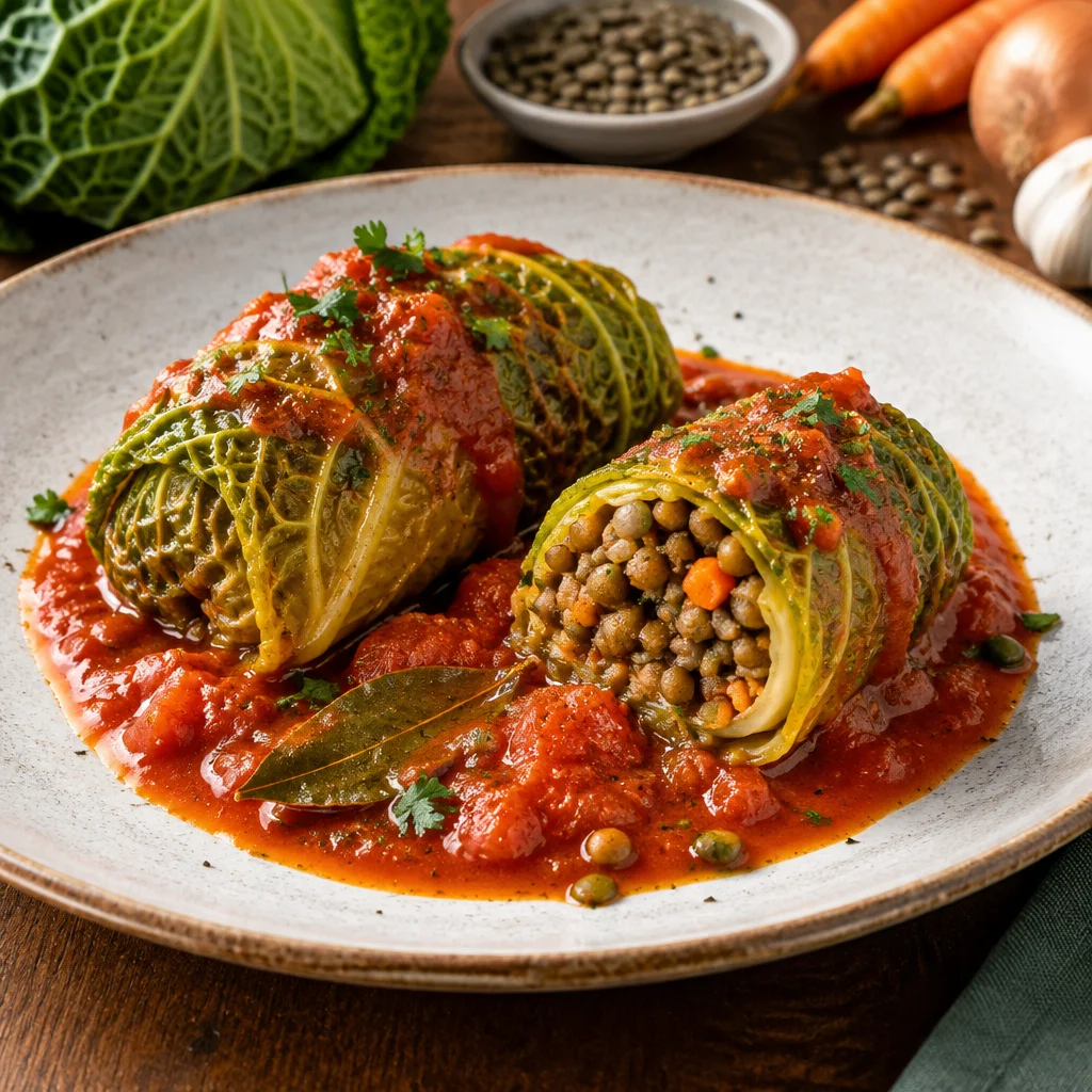 Wirsing-Rouladen mit Linsenfüllung und Tomatensauce