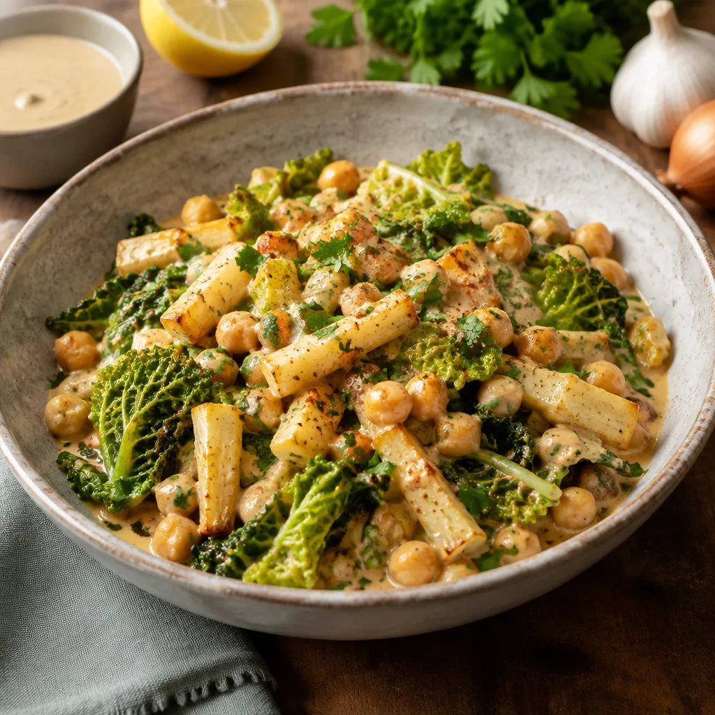 Pastinaken-Wirsing-Pfanne mit Kichererbsen und Tahini