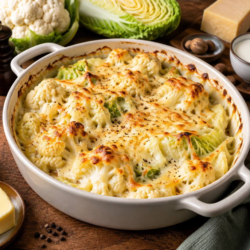 Blumenkohl-Chinakohl-Gratin mit Bergkäse und Muskatnuss