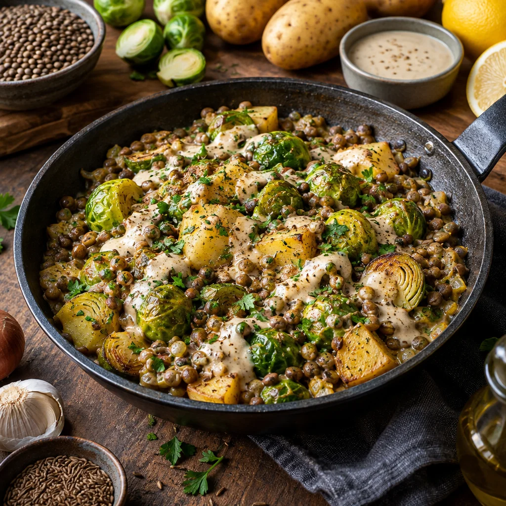 Linsen-Kartoffel-Pfanne mit Rosenkohl und Tahini-Sauce