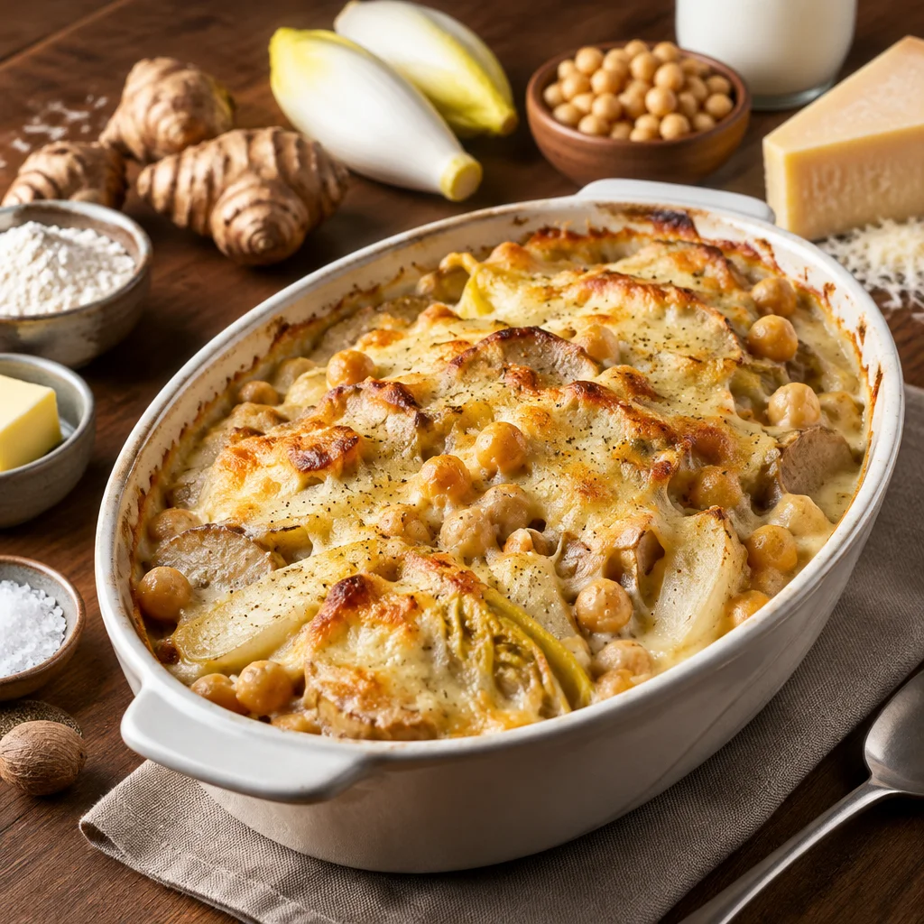 Topinambur-Chicoree-Gratin mit Kichererbsen und Bergkäse