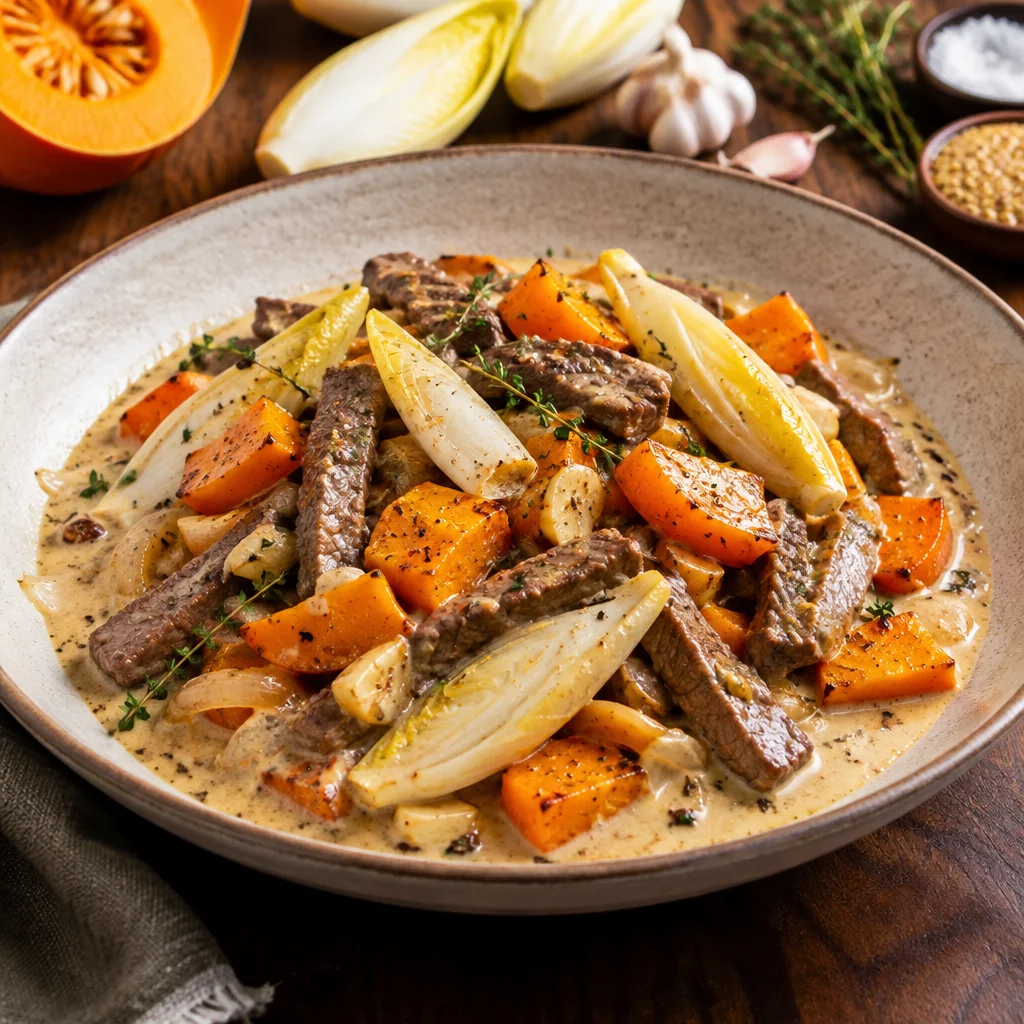 Rindergeschnetzeltes mit Kürbis und Chicorée in cremiger Senf-Sauce
