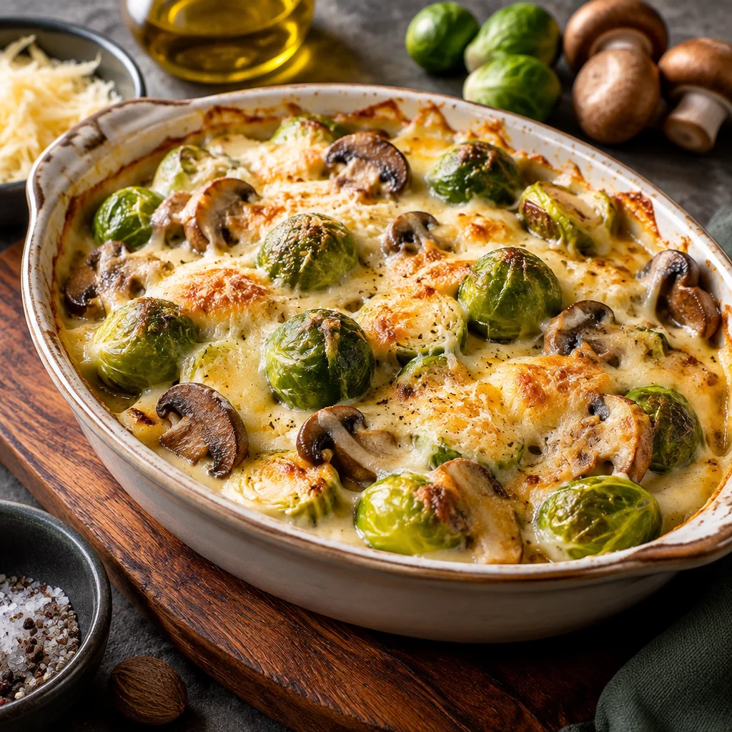 Rosenkohl-Champignon-Gratin mit Bergkäse