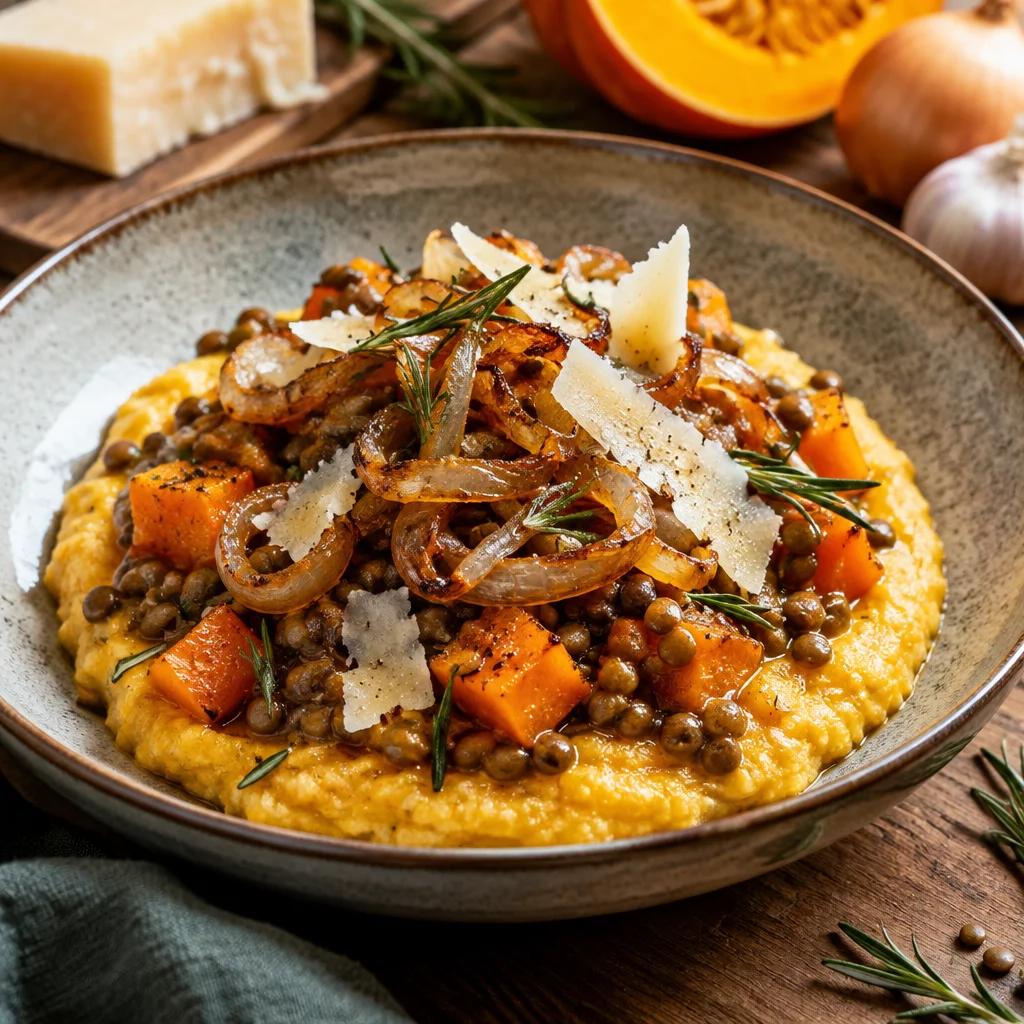Kürbis-Linsen-Polenta mit Bergkäse und karamellisierten Zwiebeln