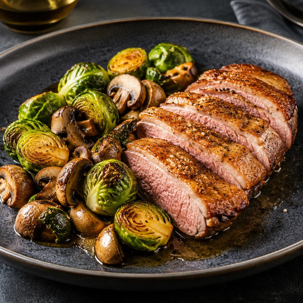 Geschmorte Entenbrust mit Rosenkohl und Champignons