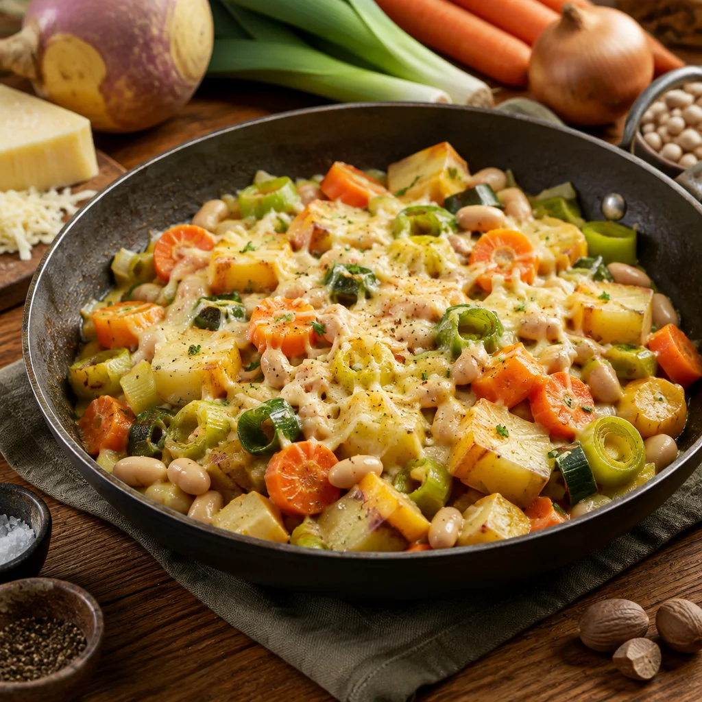 Steckrüben-Lauch-Pfanne mit weißen Bohnen, Karotten und Bergkäse