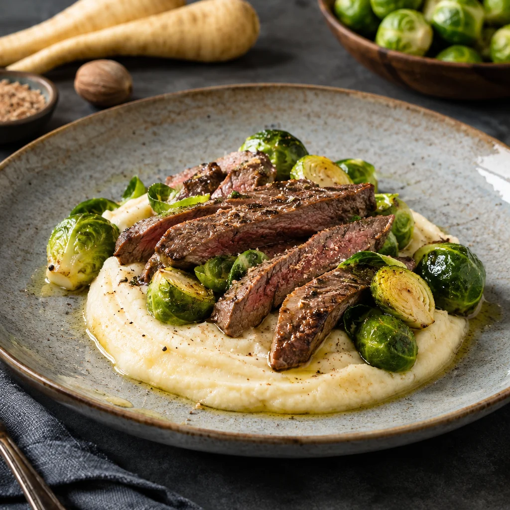Rinderfilet mit Rosenkohl und Pastinakenpüree