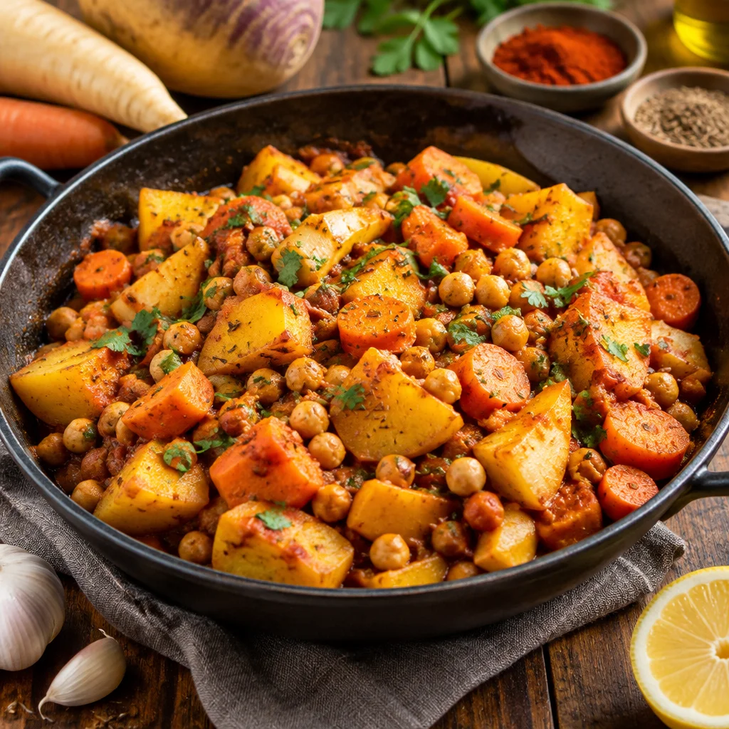 Steckrüben-Pastinaken-Pfanne mit Karotten und Kichererbsen
