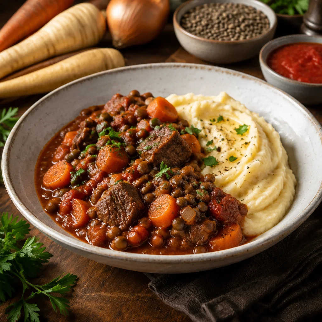 Rind-Linsen-Gulasch mit Pastinakenpüree