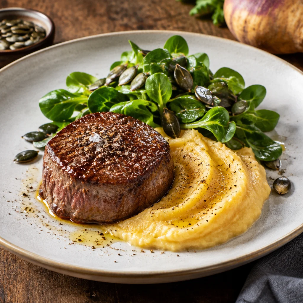 Rinderfilet mit Steckrübe und Feldsalat mit Kürbiskernen