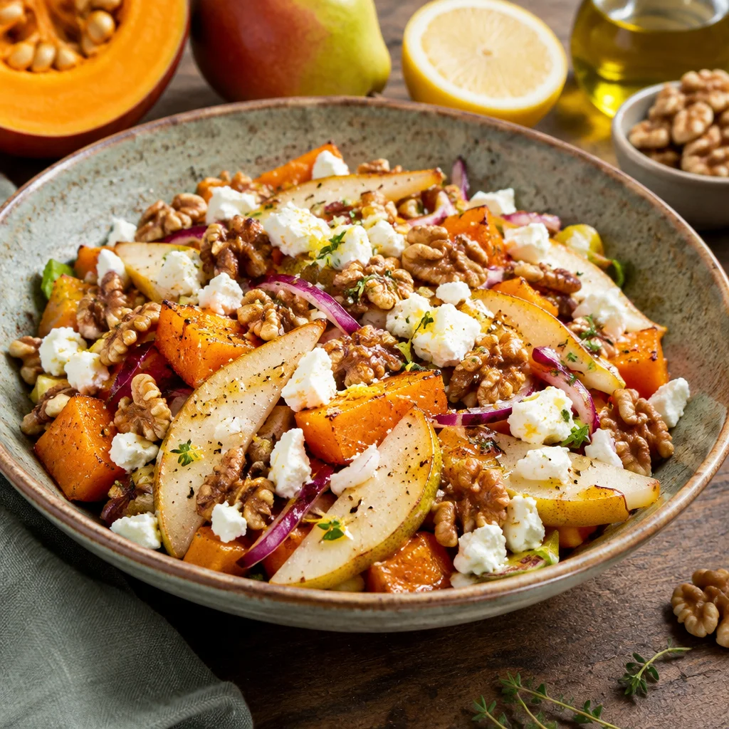 Kürbis-Birnen-Salat mit Feta, Walnüssen und Zitrone