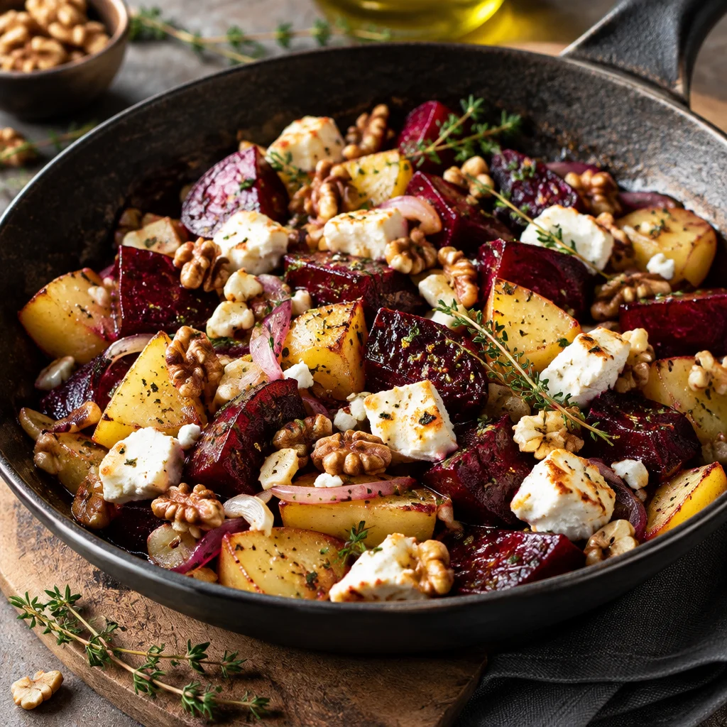Rote-Bete-Kartoffel-Pfanne mit Ziegenkäse und Walnüssen