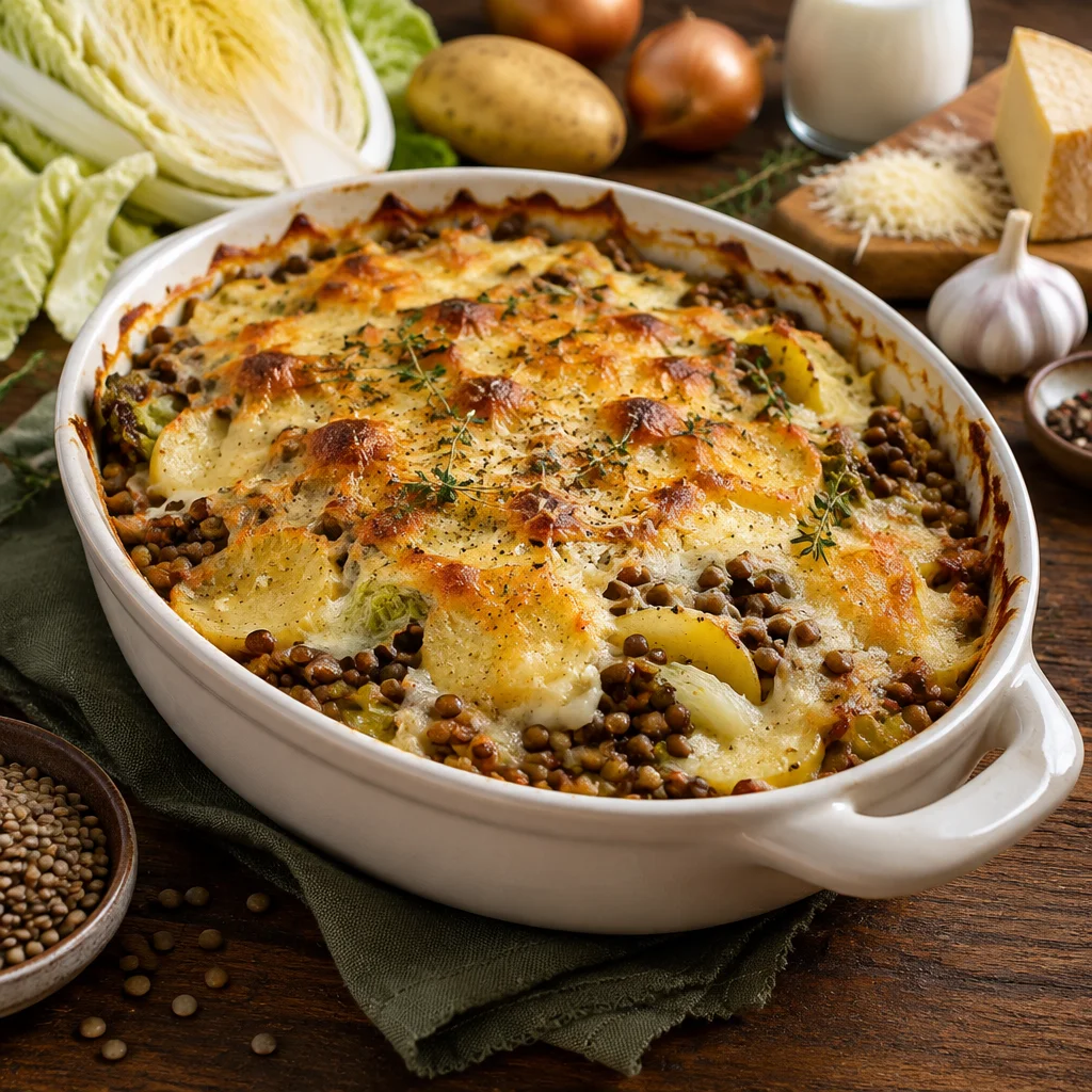 Linsen-Chinakohl-Auflauf mit Bergkäse