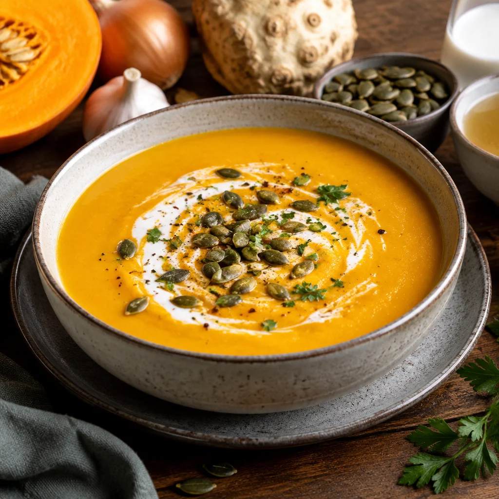 Kürbis-Sellerie-Suppe mit Kokosmilch und Kürbiskernen